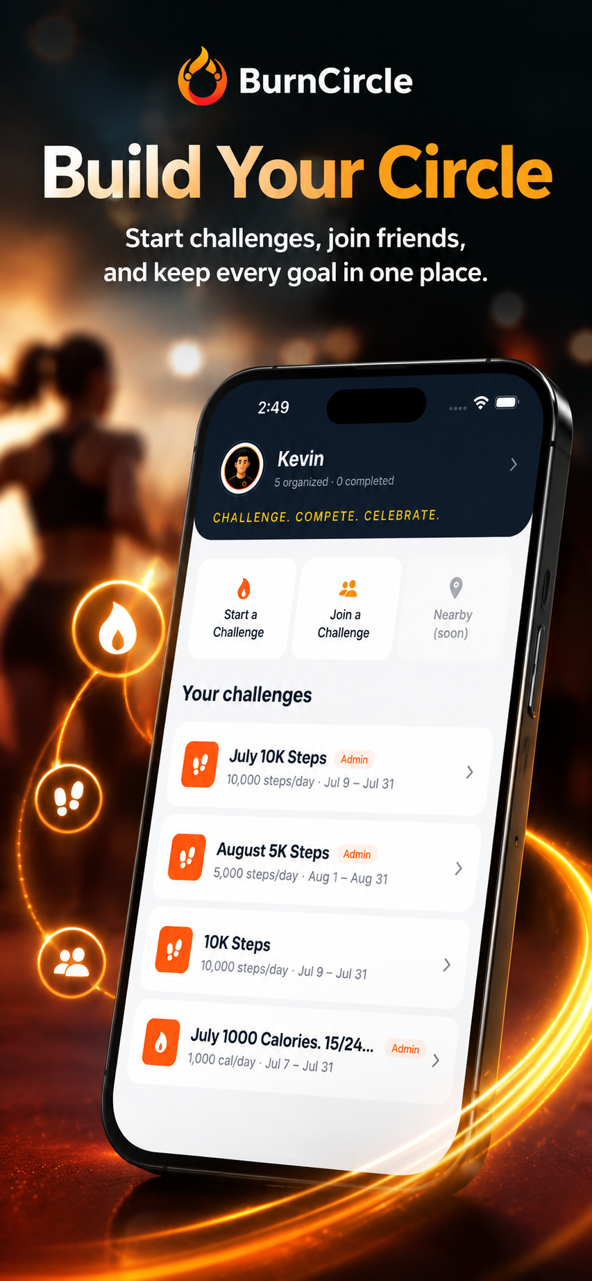 BurnCircle app home showing active challenges